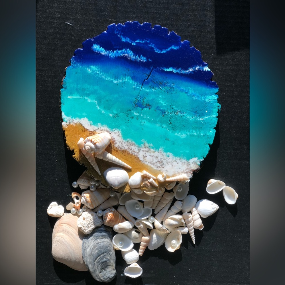 Beach Acrylic Artwork on Wood Slice